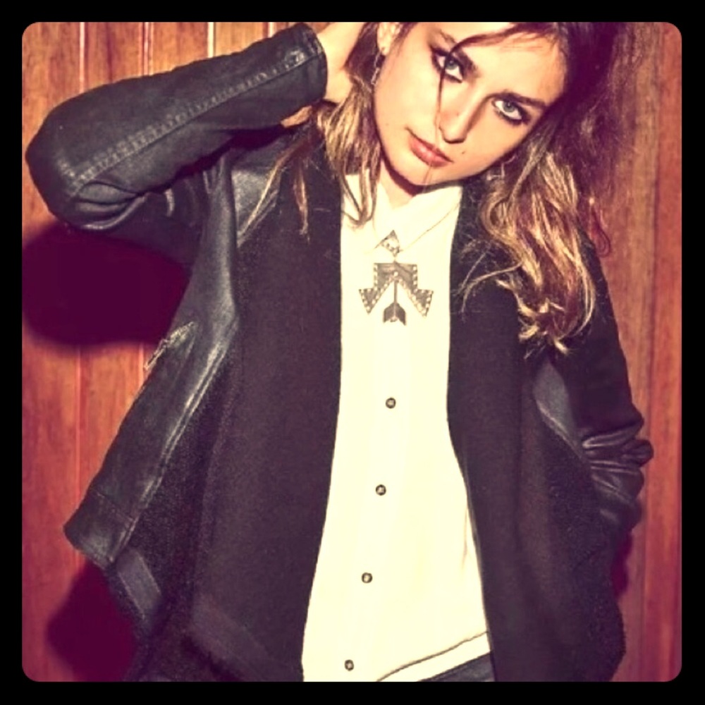 Free People Blk Denim Front Drape Moro Jacket